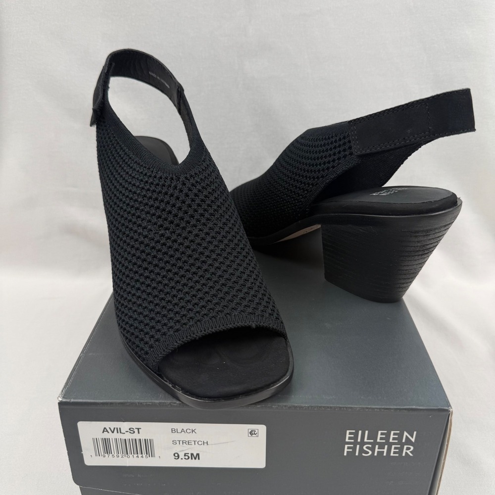Eileen Fisher Avil Black Stretch Knit Slingback Block‎ Heel Sandals 9.5M New